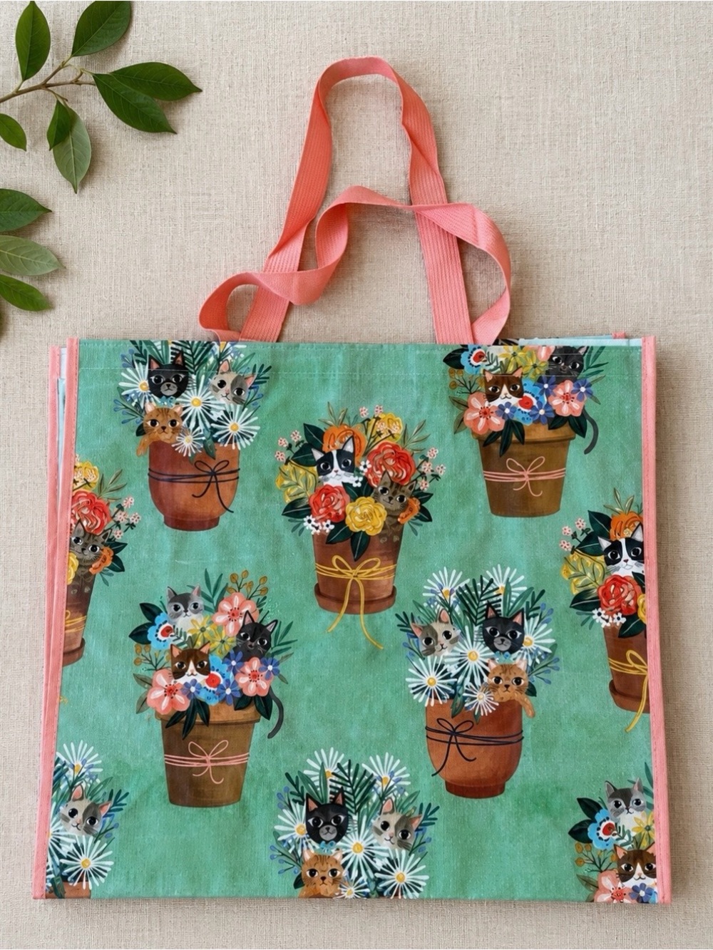 Cat floral print reusable tote bag